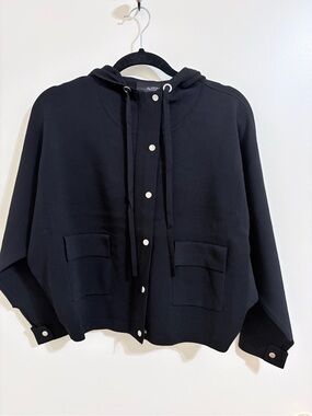 Aleeza Black Hooded Snap-Front Jacket